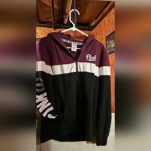 PINK Colorblock Zip-Up Hoodie in Plum, White & Black